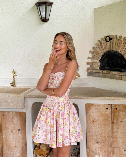 Pink Floral Mini Dress with Corset Bodice for Women - Caterina