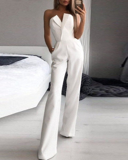 Women's Strapless Wide Leg Jumpsuit | V-Neck