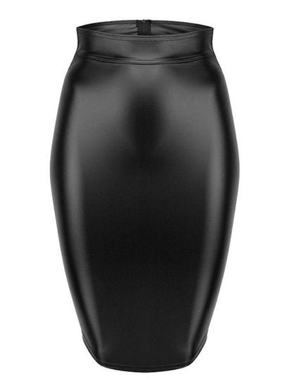 Black Gothic Faux Leather Midi Skirt with Back Zipper Lace