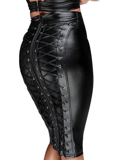 Black Gothic Faux Leather Midi Skirt with Back Zipper Lace