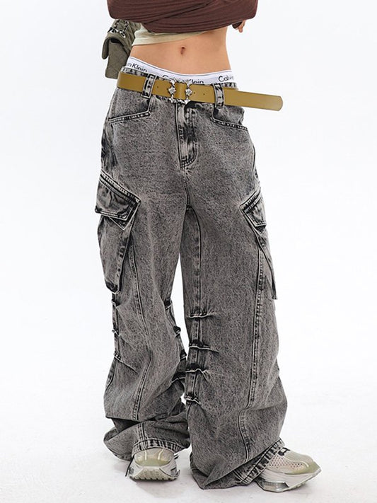 Faded Light Bleached Baggy Cargo Jeans