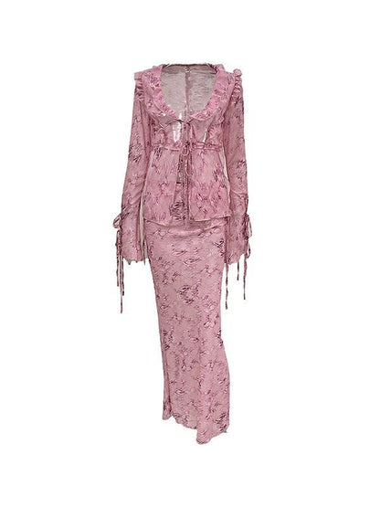 Pink Vintage Wood Ear Print Long Skirt Suit Two Pieces