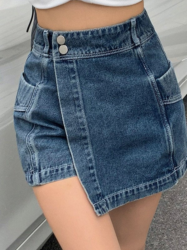 Blue Vintage Irregular High Waist Denim Shorts