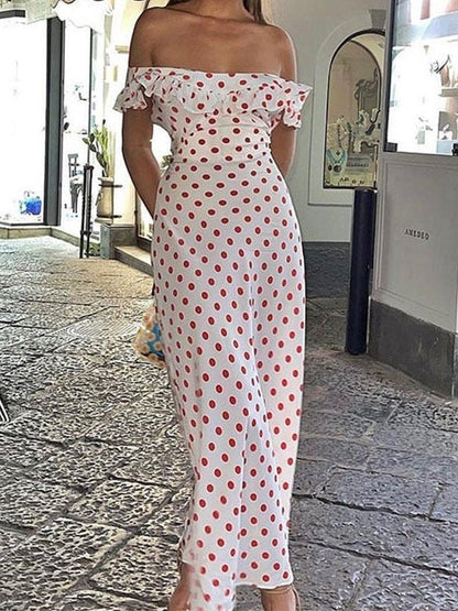 Off Shoulder Waist Ruffled Polka Dot Dress