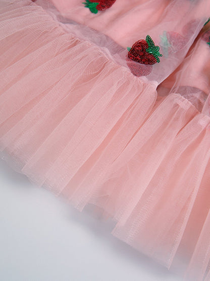 Vestido largo plisado de malla con fresas y lentejuelas rosas