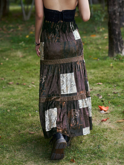 Brown Vintage Patchwork Velvet Printed Maxi Skirt