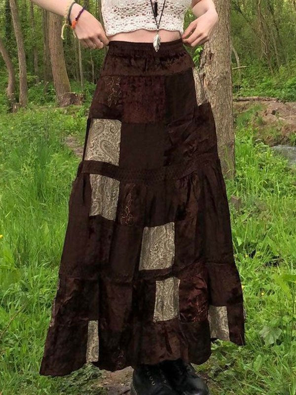 Brown Vintage Patchwork Velvet Printed Maxi Skirt