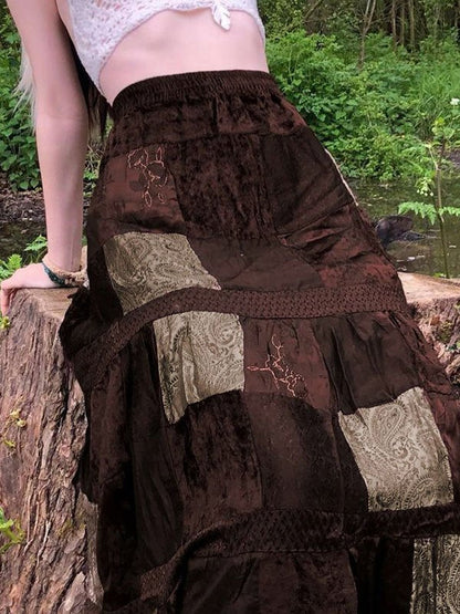 Brown Vintage Patchwork Velvet Printed Maxi Skirt