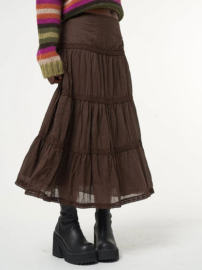 Brown Vintage Tiered Midi Skirt