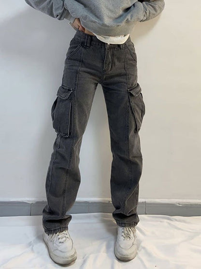 Grey Mid Waist Cargo Jeans with Patched Pockets