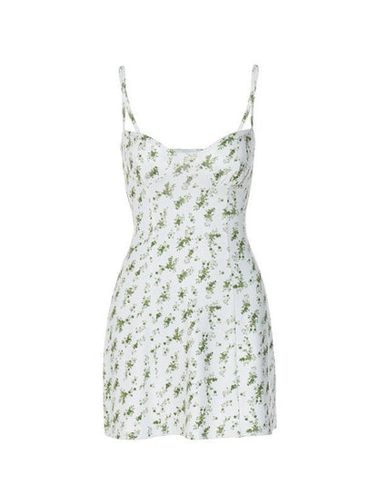 Green French Y2K Floral Print Slim Mini Dress