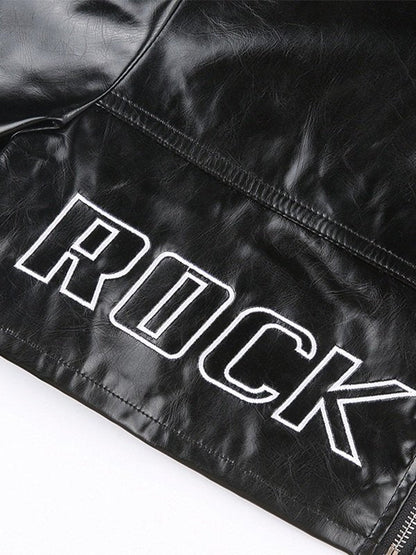 Retro Black Logo Embroidery Cropped Pu Leather Jacket