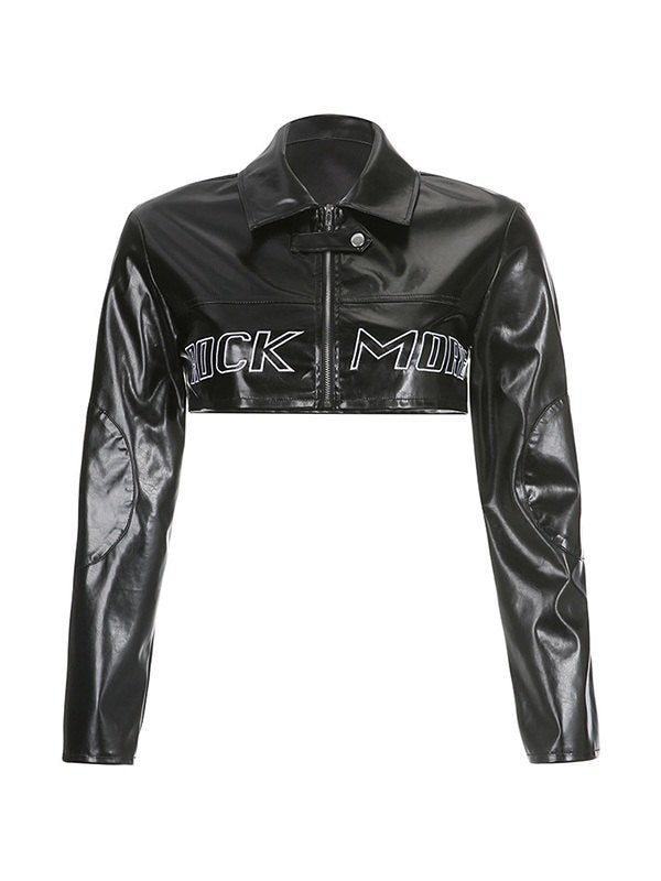 Retro Black Logo Embroidery Cropped Pu Leather Jacket