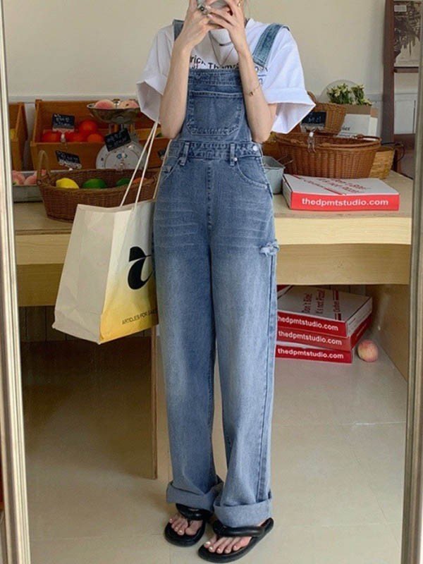 Blau Vintage Gewaschene Latzhose aus Jeans mit Verblassten Details