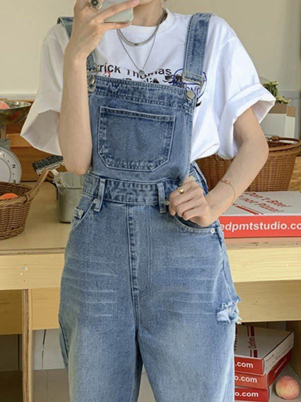 Blue Vintage Washed Denim Overalls with Distressed Detailing