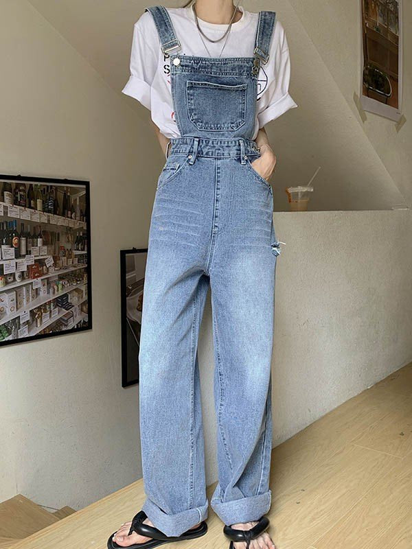 Blau Vintage Gewaschene Latzhose aus Jeans mit Verblassten Details