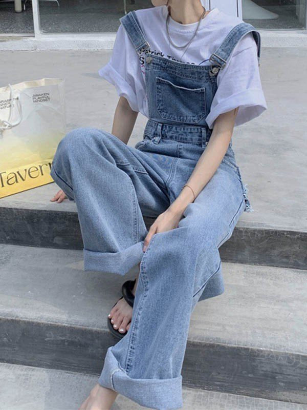 Blue Vintage Washed Denim Overalls with Distressed Detailing