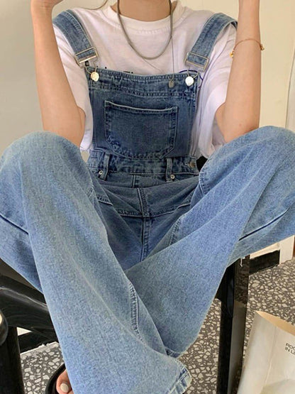 Blue Vintage Washed Denim Overalls with Distressed Detailing