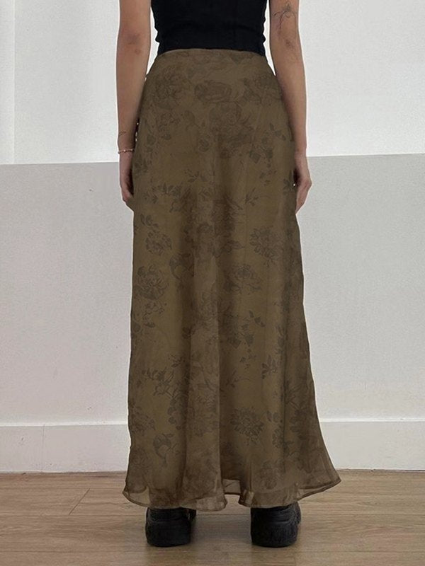 Brown Vintage Mesh Maxi Skirt with Floral Pattern