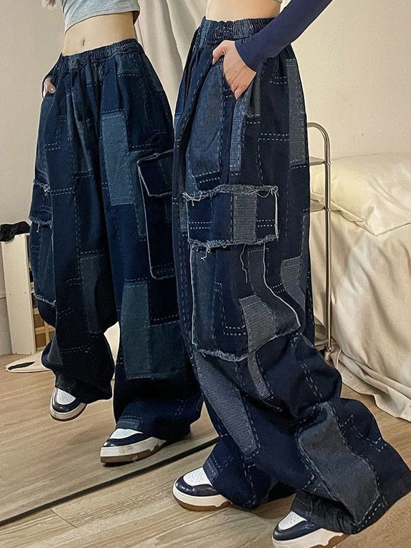 Blue Vintage Baggy Cargo Jeans with Checkered Pattern