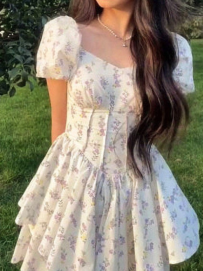 French Floral Corset Slim Mini Dress with Puff Sleeve