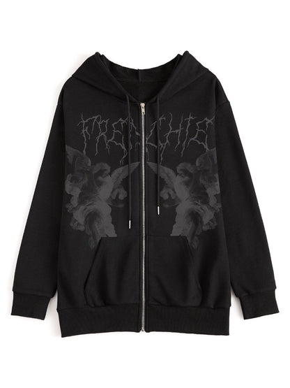 Hip Hop Cherub Print Hoodie con cremallera