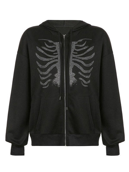 Black Zip-Up Hoodie with Rhinestone Skull