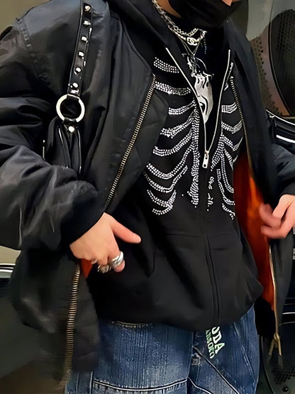 Black Zip-Up Hoodie with Rhinestone Skull