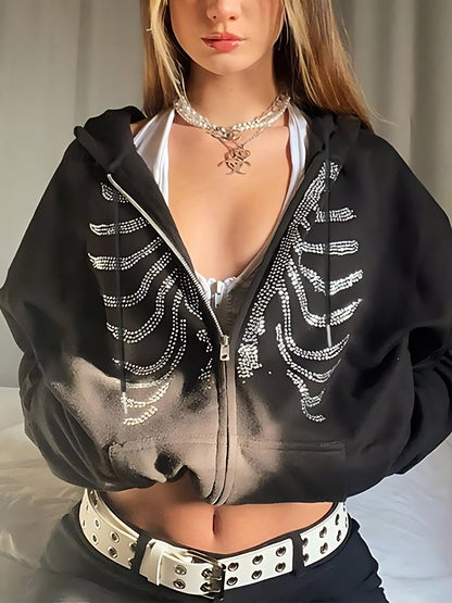 Black Zip-Up Hoodie with Rhinestone Skull