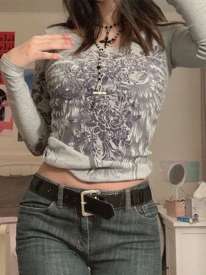 Grey Long Sleeve Crop Top with Floral Rhinestones