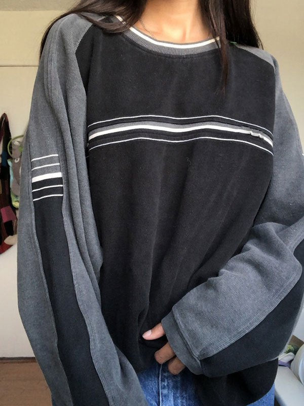 Striped Crew Hoodie with Patchwork