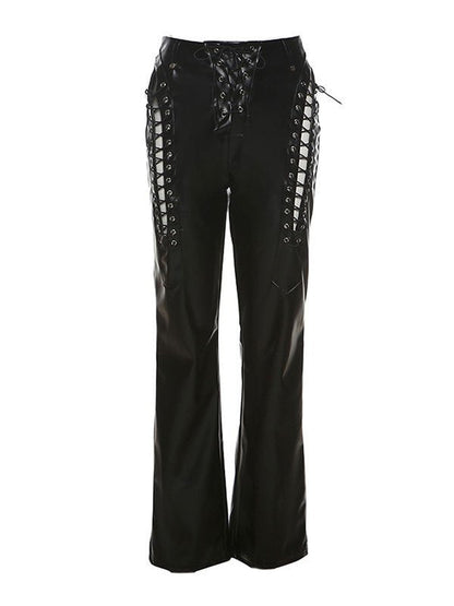 Pantalones vintage de cuero PU negro con detalle de corte