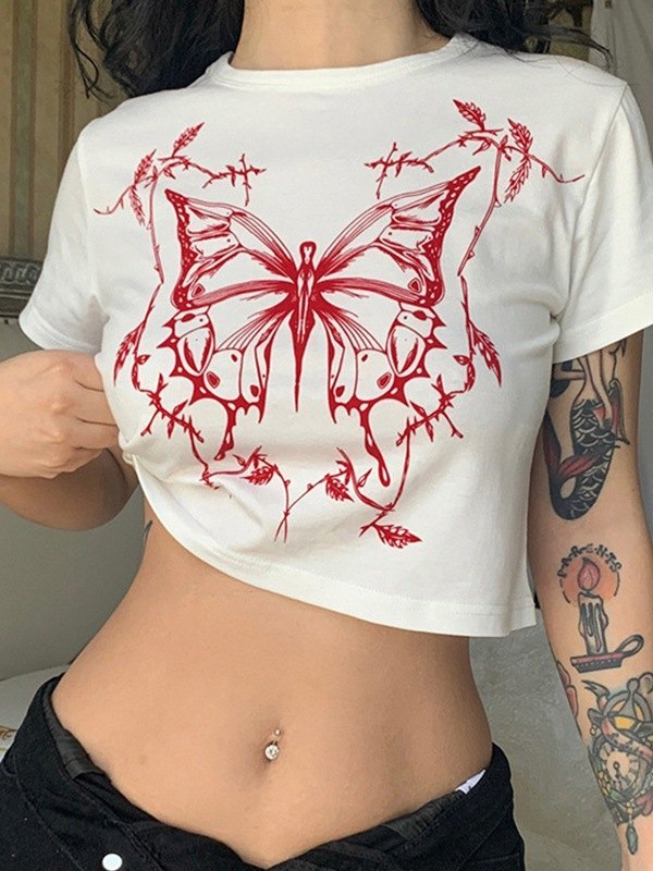 White Y2K Butterfly Print Crop Top