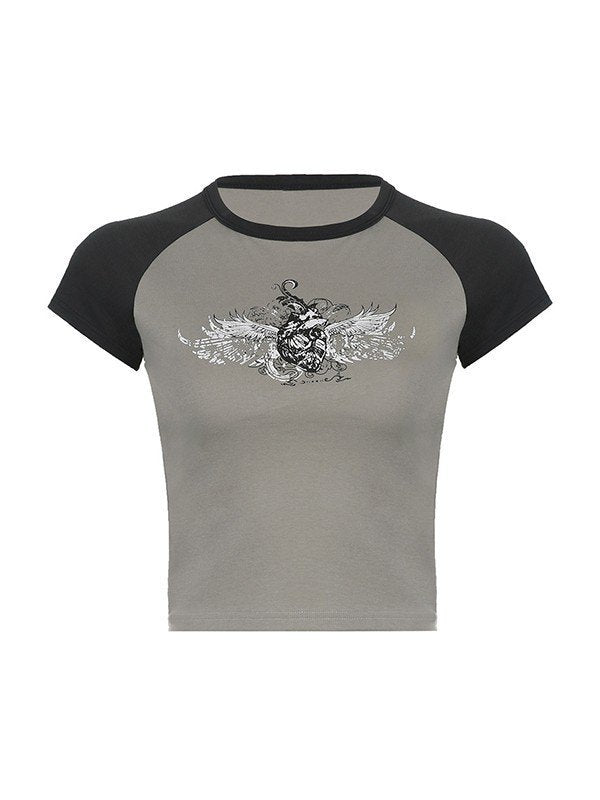 Raglan Sleeve Crop Top with Grunge Wing Print