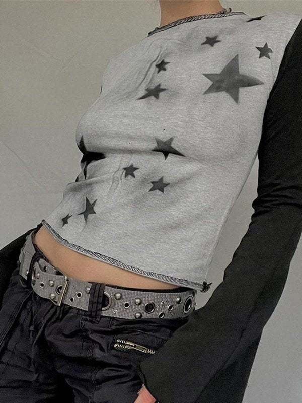 Vintage Star Long Sleeve Crop Top with Stitches Details