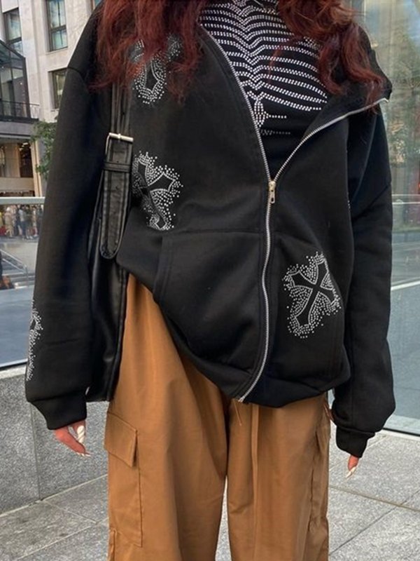 Black Zip-Up Hoodie with Rhinestone Cross Pattern