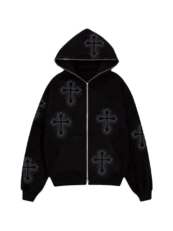 Black Zip-Up Hoodie with Rhinestone Cross Pattern