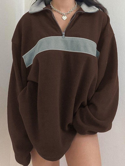 Brown Retro Sport Fleece Sweatshirt with Patchwork and Zip