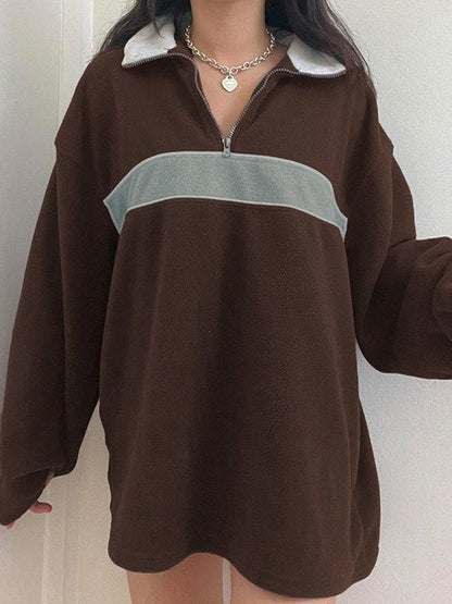 Brown Retro Sport Fleece Sweatshirt with Patchwork and Zip