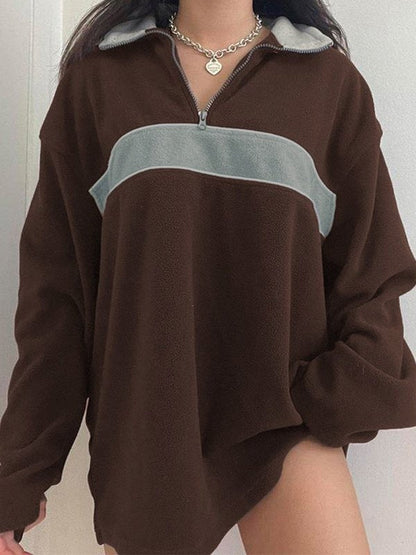 Brown Retro Sport Fleece Sweatshirt with Patchwork and Zip