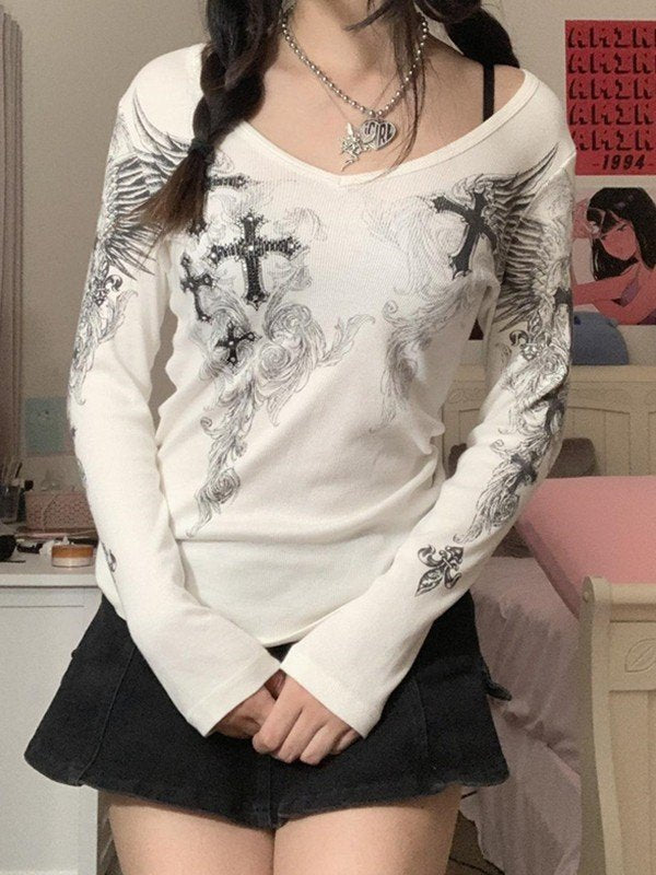 White Vintage Grunge Ribbed Top with Cross Print and Rhinestones