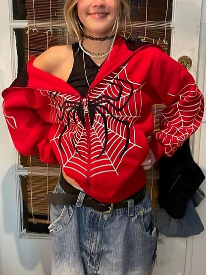 Sudadera con capucha roja con cremallera y logotipo de araña