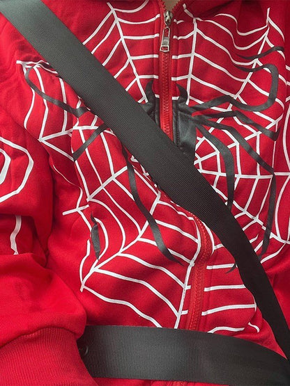 Sudadera con capucha roja con cremallera y logotipo de araña