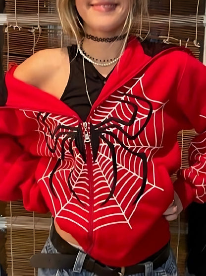 Sudadera con capucha roja con cremallera y logotipo de araña