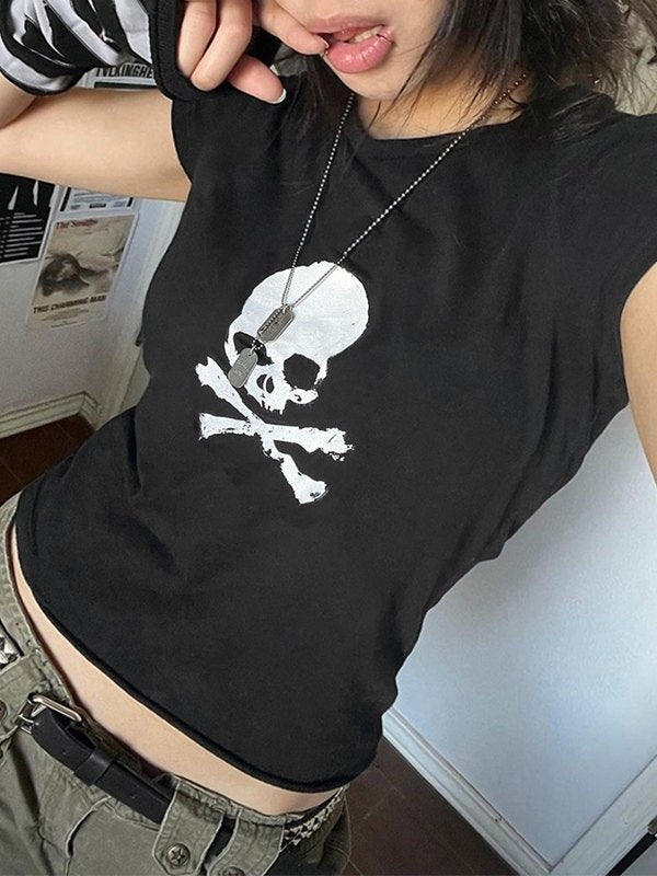 Black short sleeve Y2K crop top t-shirt with skull motif
