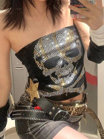 Black Punk Rhinestone Skull Bandeau Top