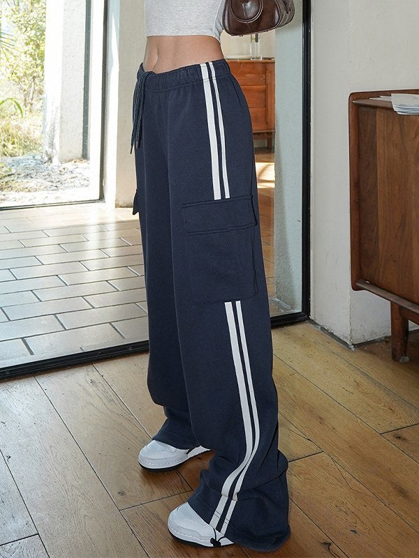 Navy Blue Hip Hop Pocket Side Stripe Baggy Sweatpants