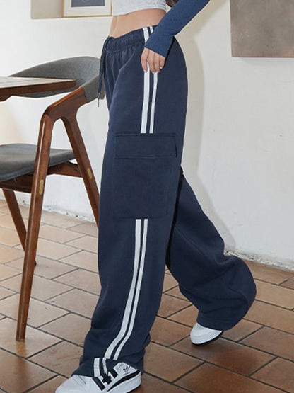 Navy Blue Hip Hop Pocket Side Stripe Baggy Sweatpants