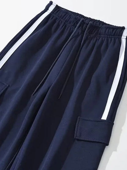 Navy Blue Hip Hop Pocket Side Stripe Baggy Sweatpants