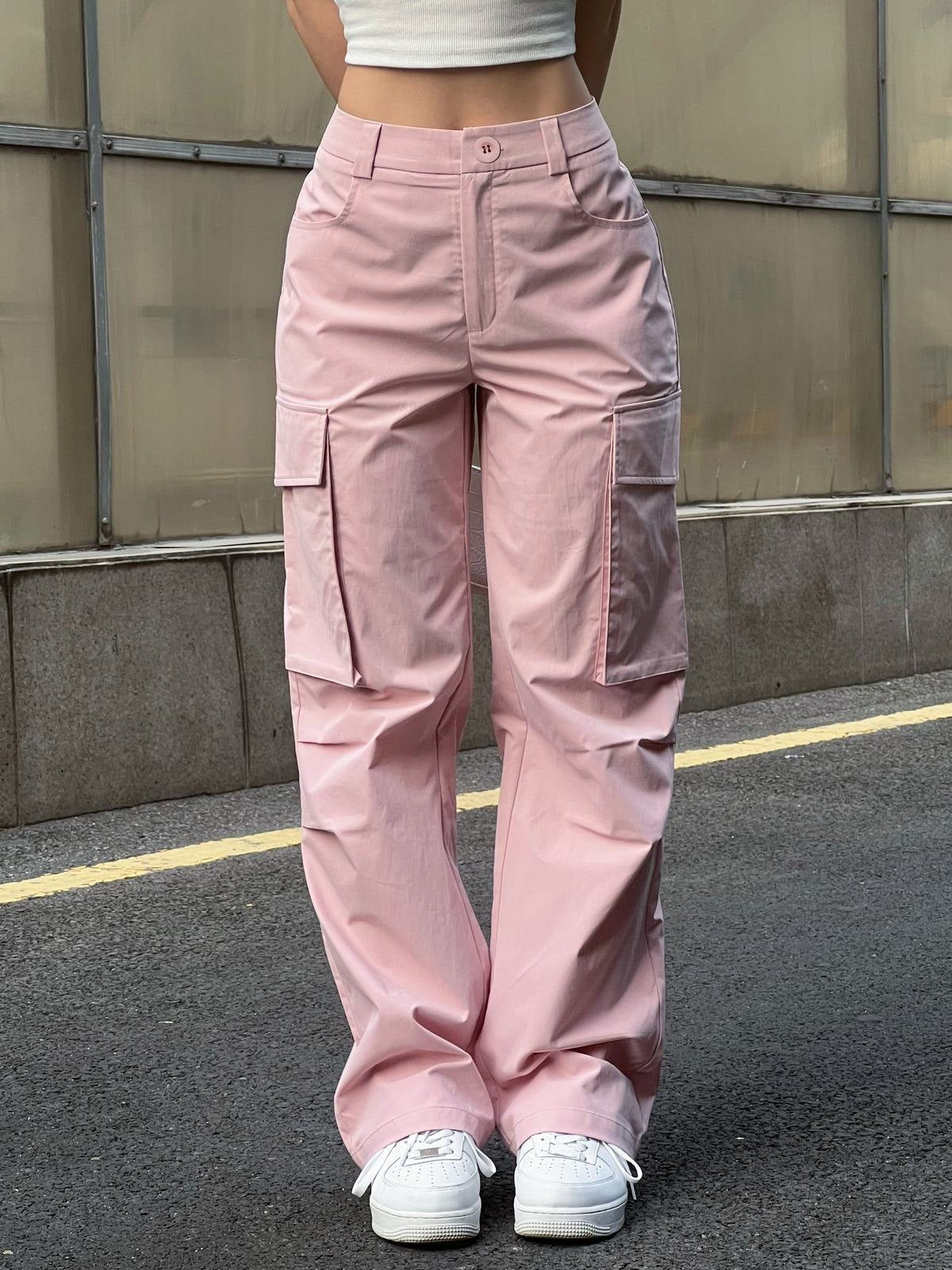 Ruched Pink Straight Leg Cargo Pants